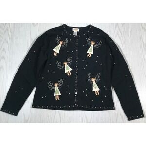 Vintage Christmas Angel Cardigan Sweater Womens L Talbots Black Button Up 90s